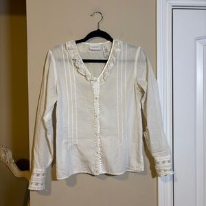 Ivory Lace-Trim Button Front Blouse